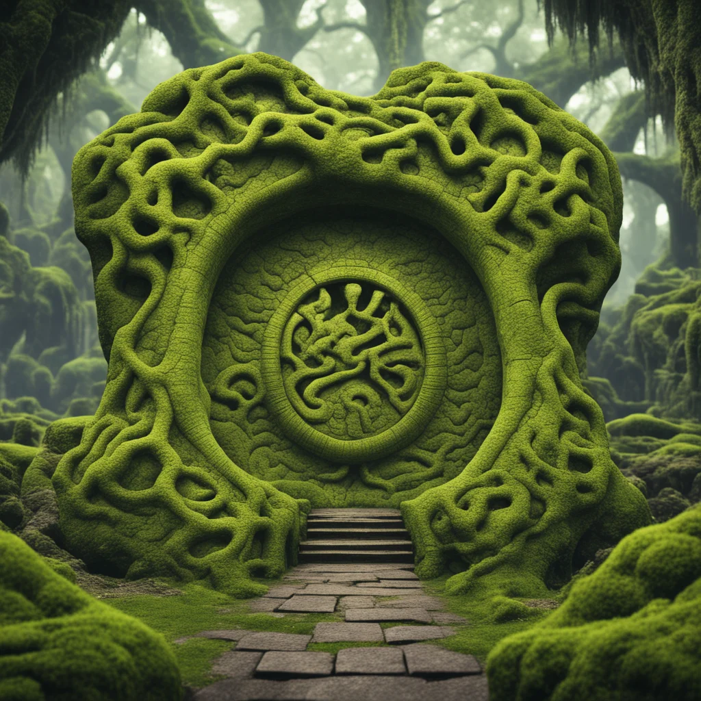 ancient rocky mossy labyrinth gate indonesian carvings on yggdrasil realistic photography 4k render cold complementer co