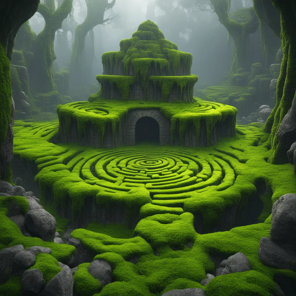ancient rocky mossy labyrinth ruin Michael Whelan 4k render cold complementer color scheme1 yellow 04w 1792 h 1024