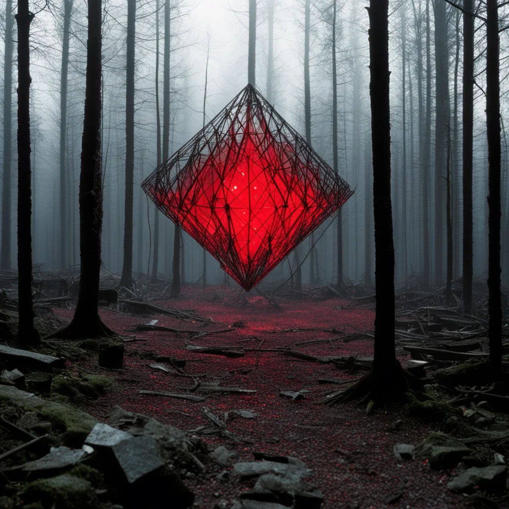 andriej tarkovsky stalker iron spiked metal temple forest floating glowing red black crystal diamond crowds of people ma