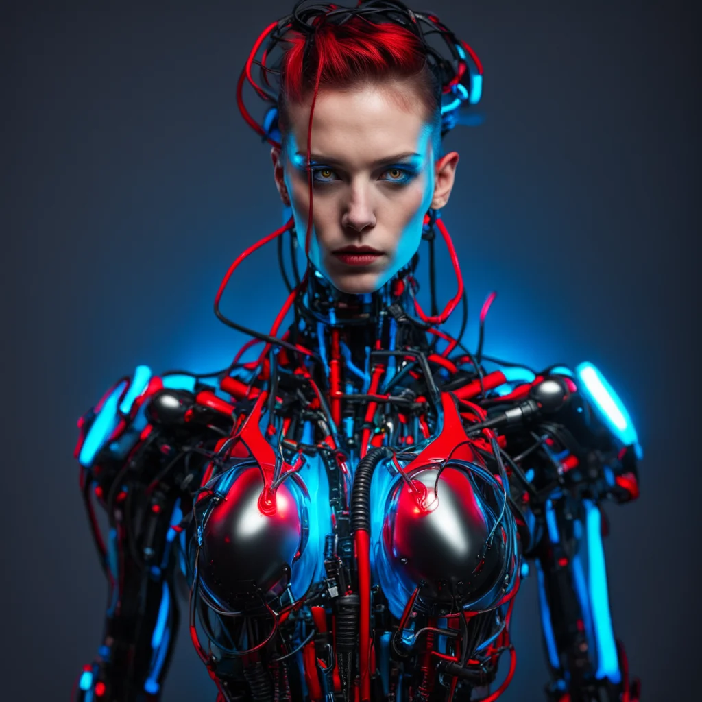 androgynous cyborg red Glas black cables liquid blue fire studio light
