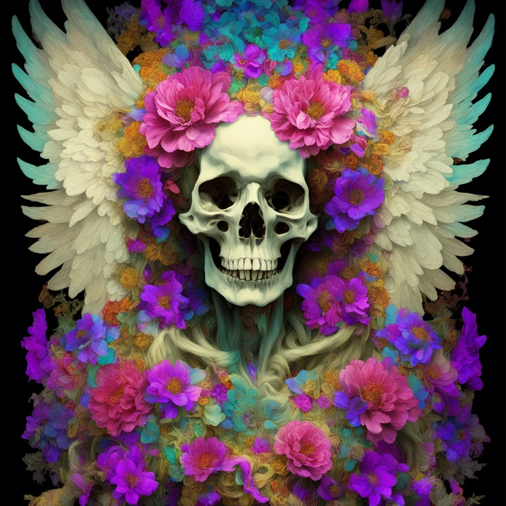 angel of death  dried flowers  heavily glitched  alfons mucha  layers of colored skulls  uplight
