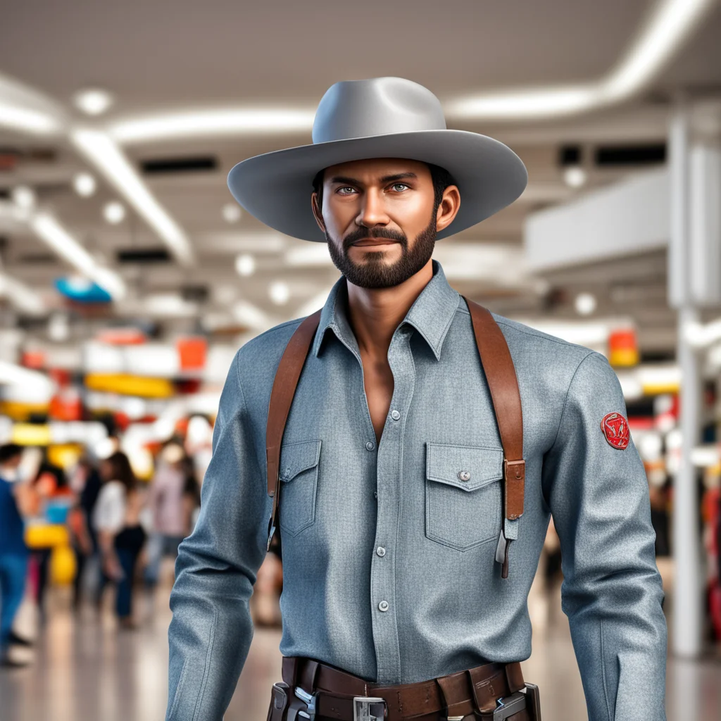 animatronic chromerobot cowboy wearing cowboy hat and western shirt in shopping mall photorealistic