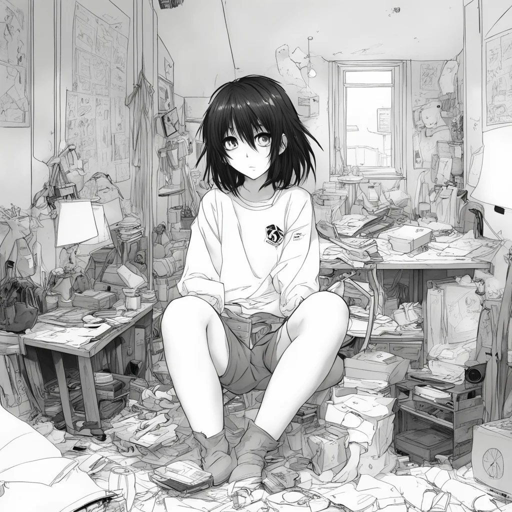 anime girl in a messy room akira black and white grayscale line drawing detailed