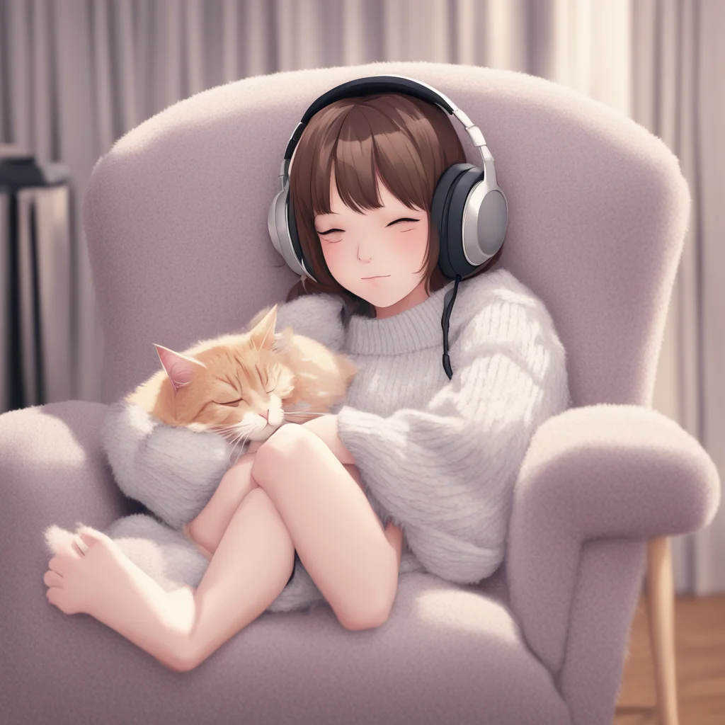 anime girl wearing sweater and headphones asleep in a comfy armchair with a cat suggled in her lap