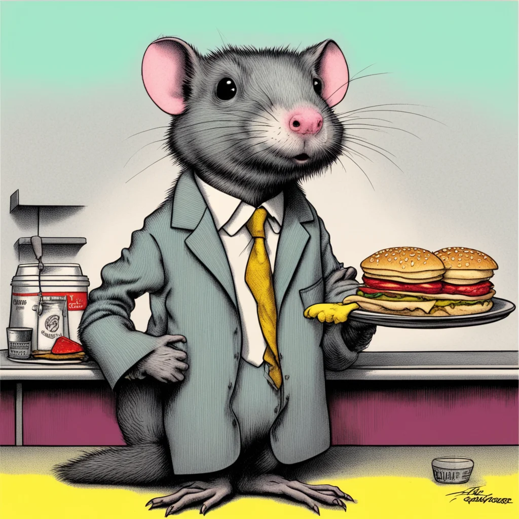 anthropomorphic rat fast food restaurant manager concept character design R Crumb aspect 916