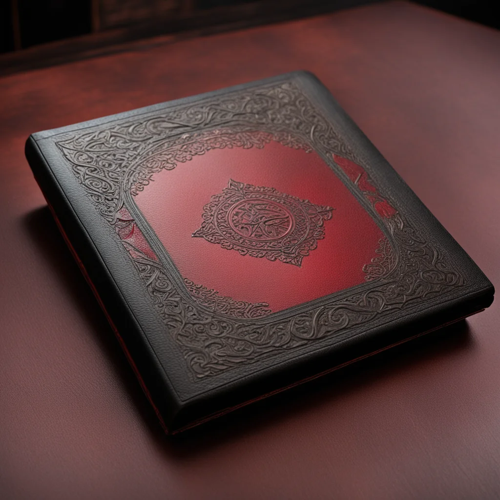 antique leather beveled book cover on tableintricate conlang writing system4 dimly moody lighting matte black red leathe