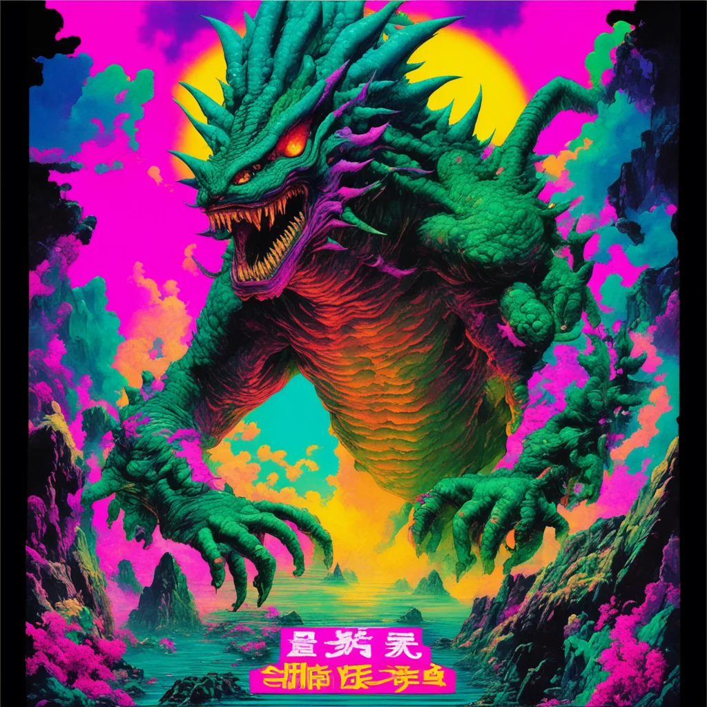 apanese movie poster for a giant monster a Kaiju vibrant solid colors opaline polychromatic nacreous super impositions t