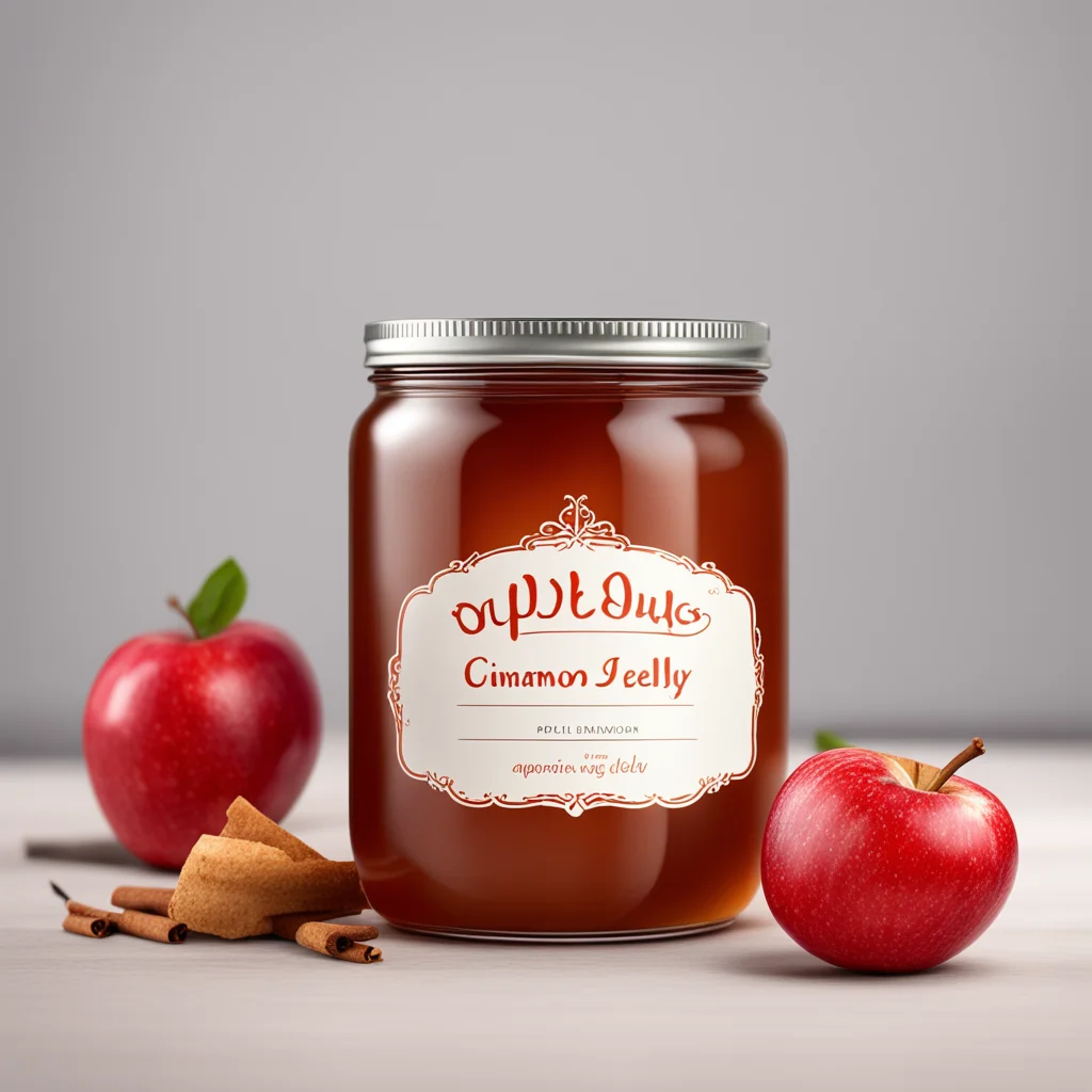 apple and cinnamon jelly jar render on table with product label on jar