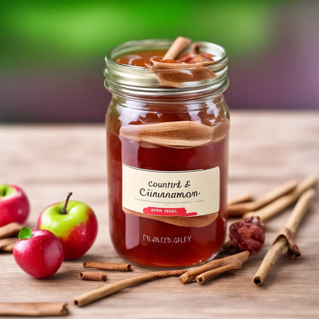 apple and cinnamon jelly jar with label label has Apple and cinnamon sticks on it jar is on a country table