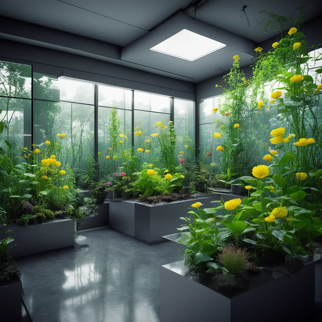 aquarium windows lab laboratory crowds of people chernobyl science hazmat sleek shiny plants flowers vines machines blac
