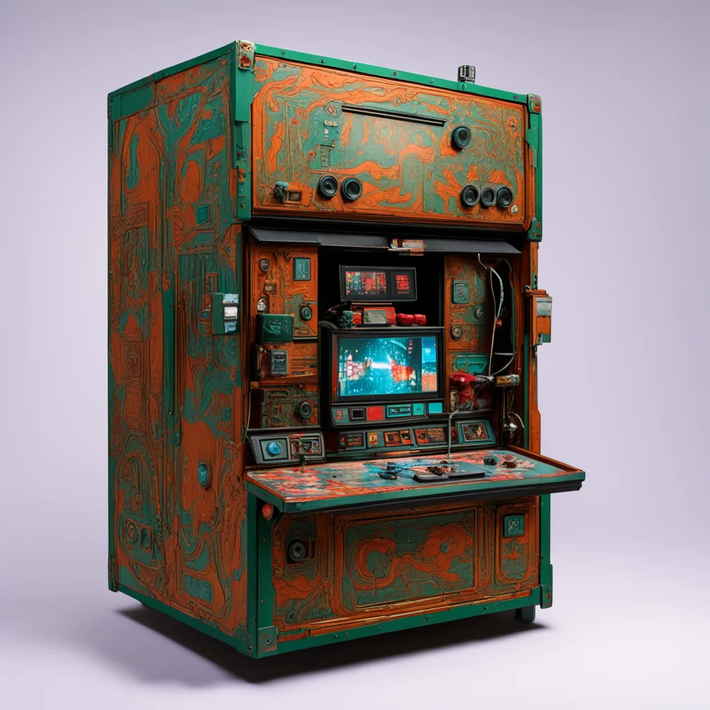 arcade machine  lowtech system 2 joysticks  ornate  freight container by Katsuhiro Otomo Mobius Geof darrow and Ashley W