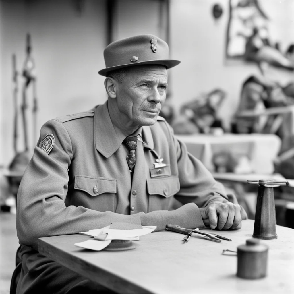 archival photograph ww2 american drill sergeant sitting by near table at military camp