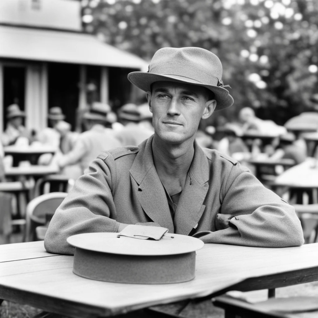 archival photograph ww2 american soldier wearing campaign hat sitting by table outdoors