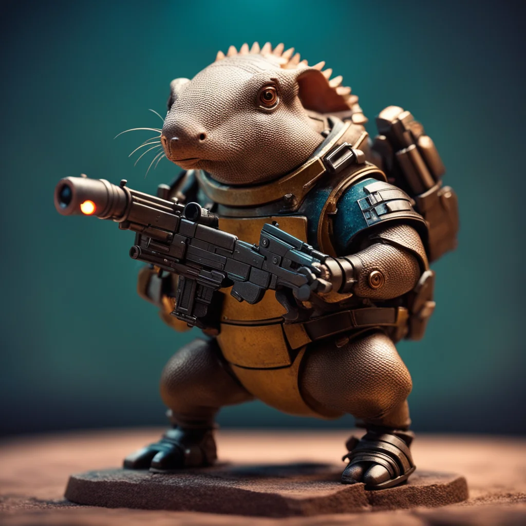 armadillo holding a futuristic gun as a Warhammer 40000 figurine in the style of a Wes Anderson diorama cinematic lighti