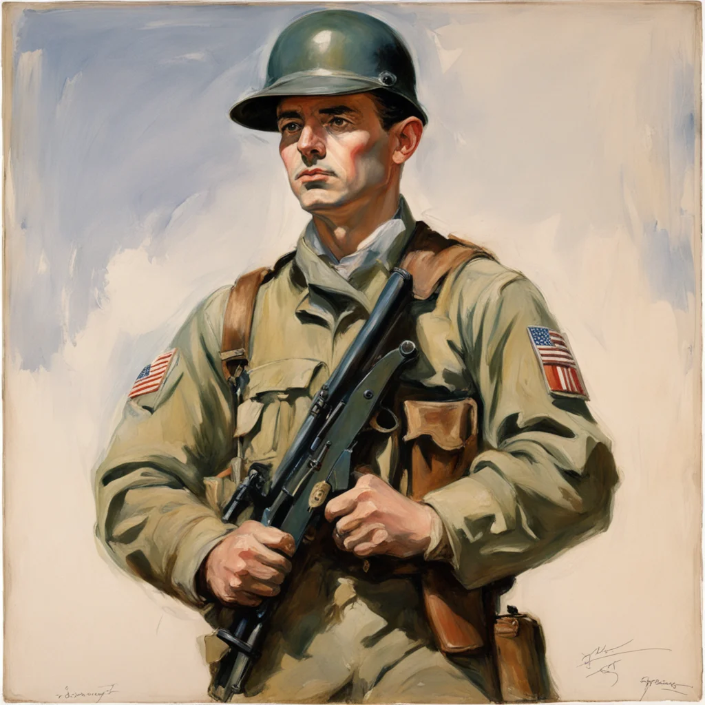art by john singer sargent ww2 american soldier holding m1 carbine against shoulder standing at attention