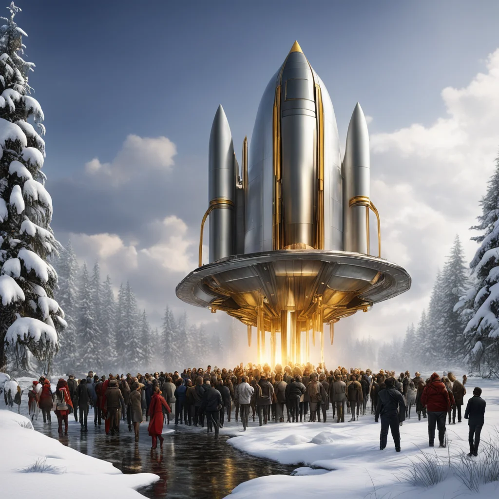 art deco inspired silver and gold trimmed rocket ship landed on swamp bog people exiting rocket ship busy crowded audien