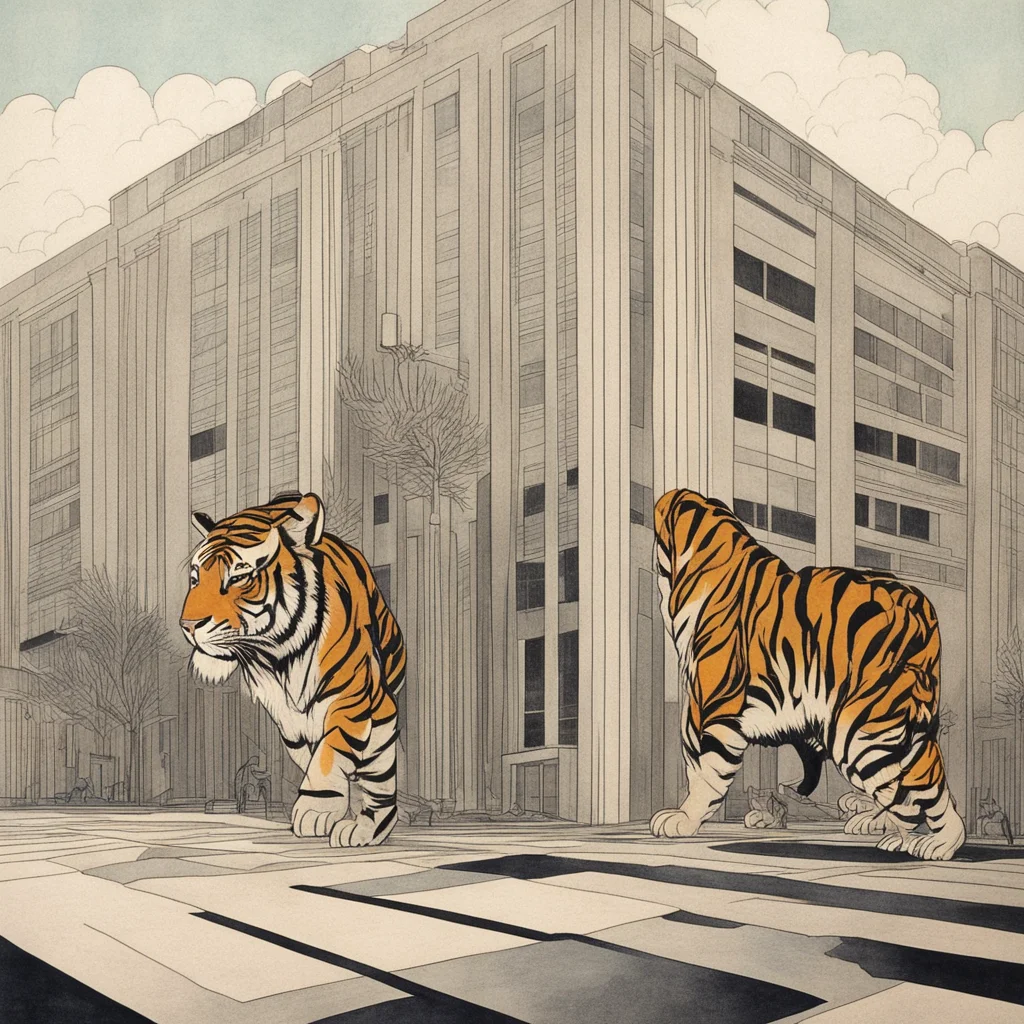 art deco perspective building tigers