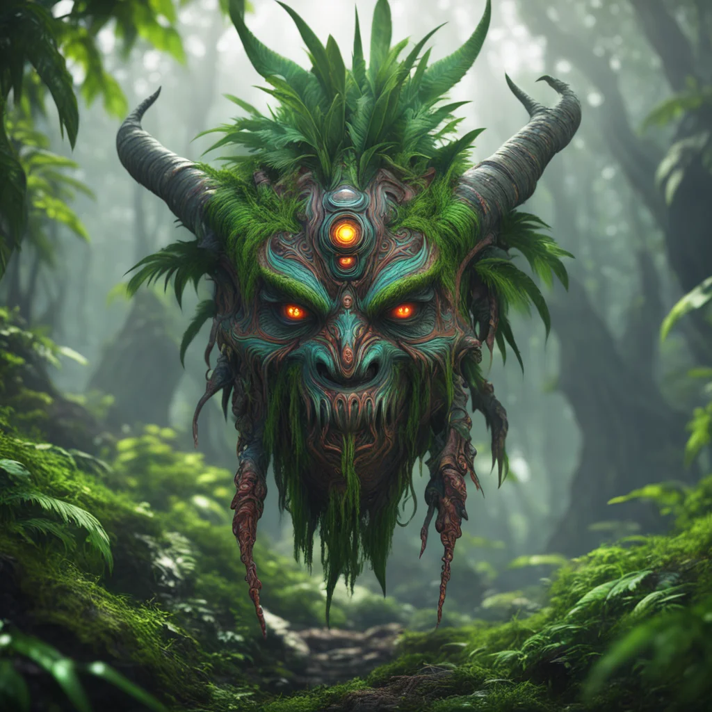 artstation monster wearing a tribal mask look back in fractal jungle no blur ultra realistic volumetric light pohotobash