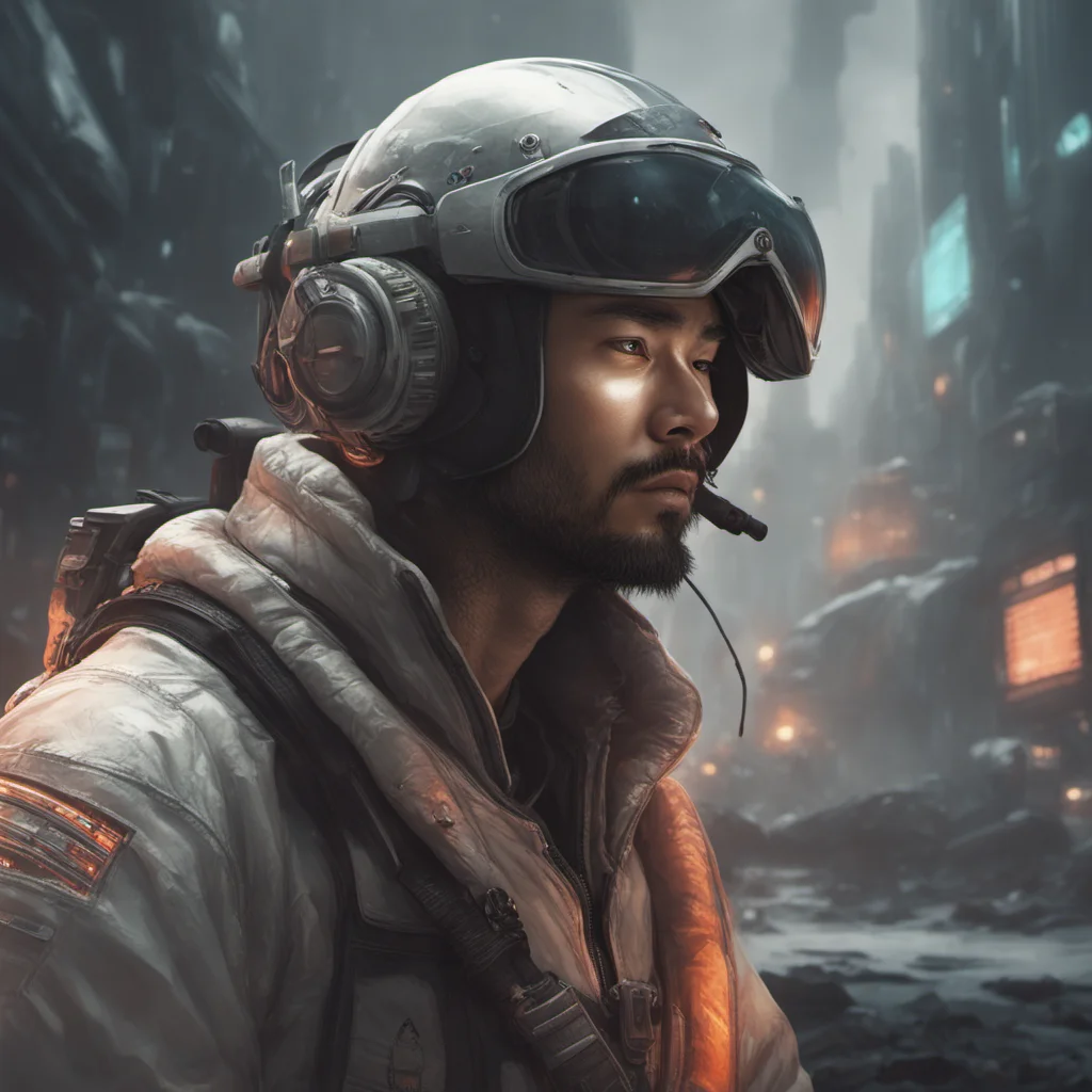 asian man handsome face stubble beard messed up hair dark googles ultra detailed realistic concept art spaceship pilot sense of awe and scale in the ar