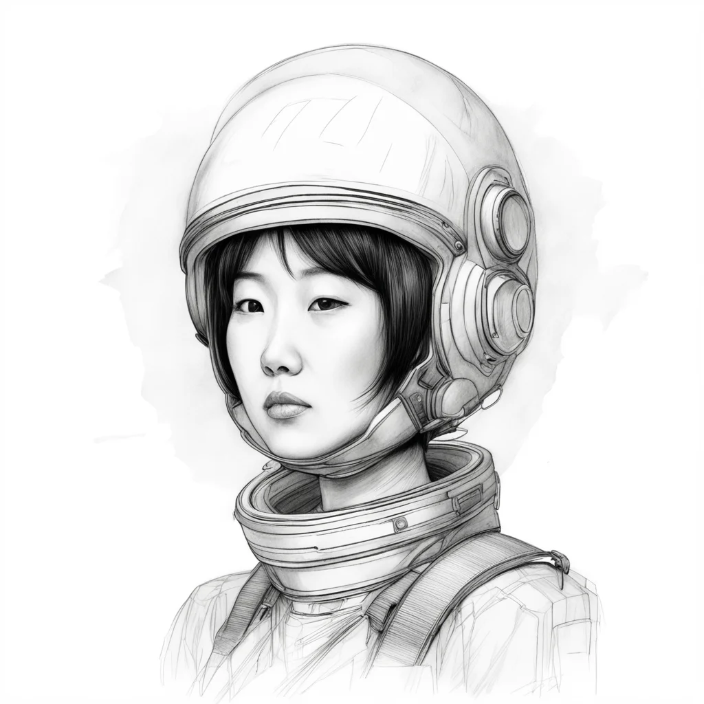 asian woman space helmet spaceship pilot hand sketched pencil art minimalism