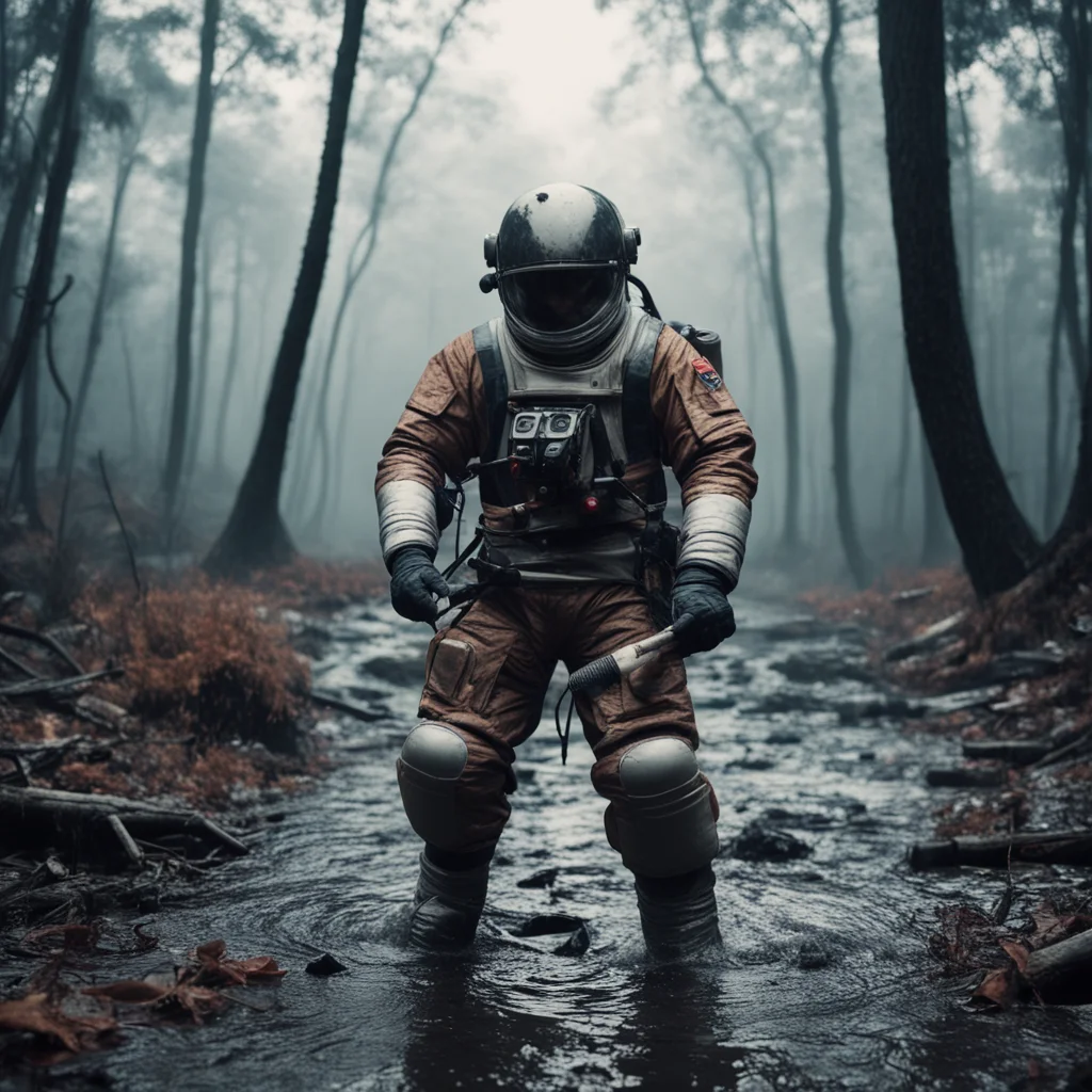 astronaut fights with samurai in a muddy river forest autumn rain cold Ridley Scott Akira Kurosawa smoke cold cinematic 