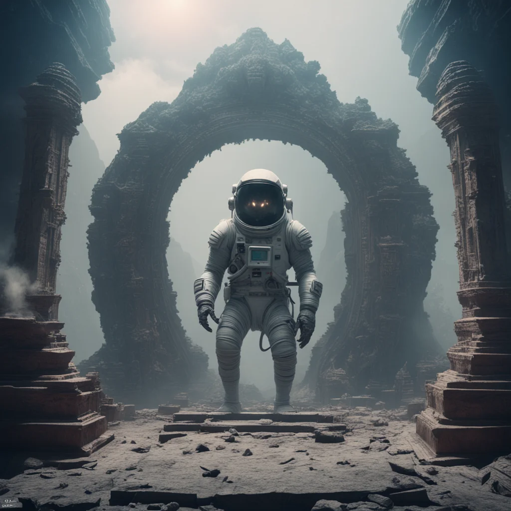 astronaut in alien indonesian temple gate in rocky planet Ridley Scott smoke cold cinematic atmospheric horror chaotic u