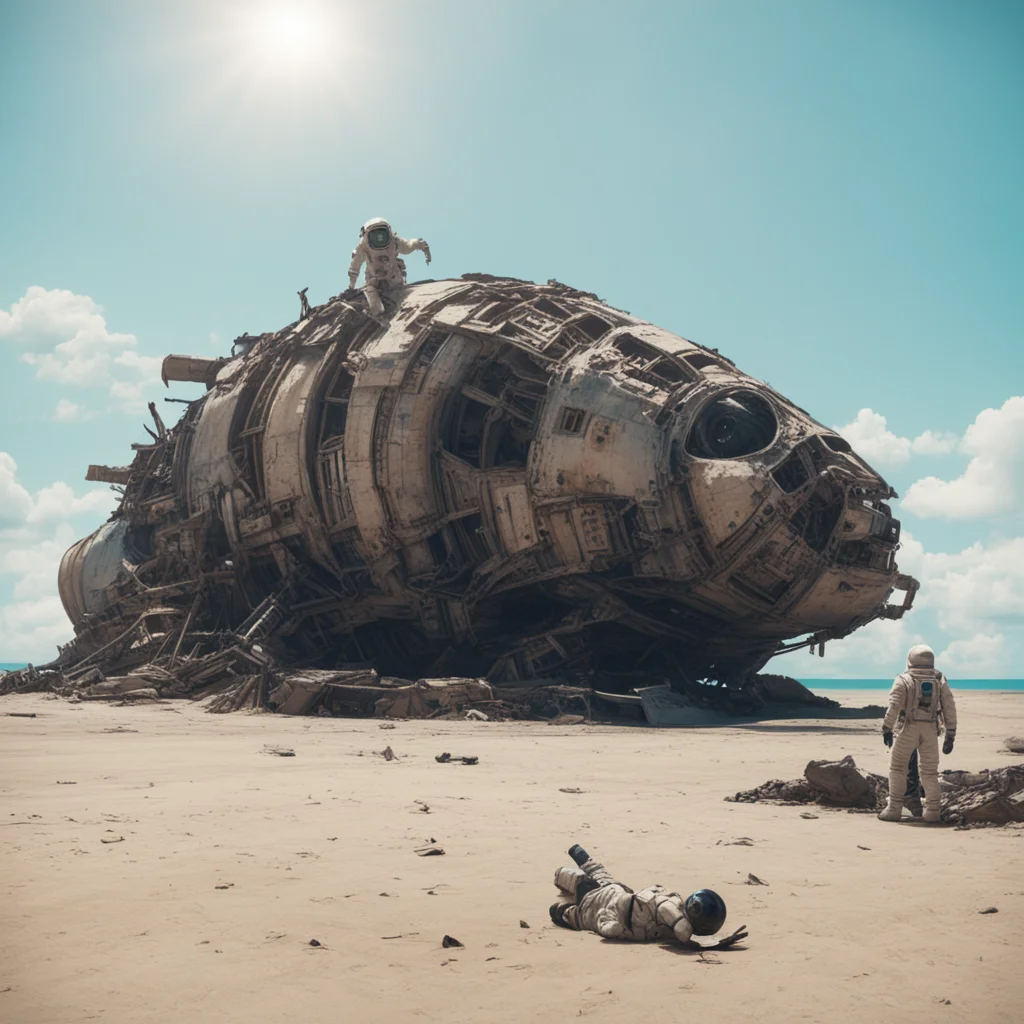 astronaut near spaceship wreck palms a sunny beach planet Ridley Scott hot cinematic atmospheric chaotic ultrarealistic 