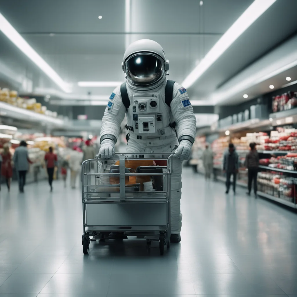 astronaut pulls a sopping cart in shopping mall Ridley Scott smoke cold cinematic atmospheric horror chaotic ultrarealis