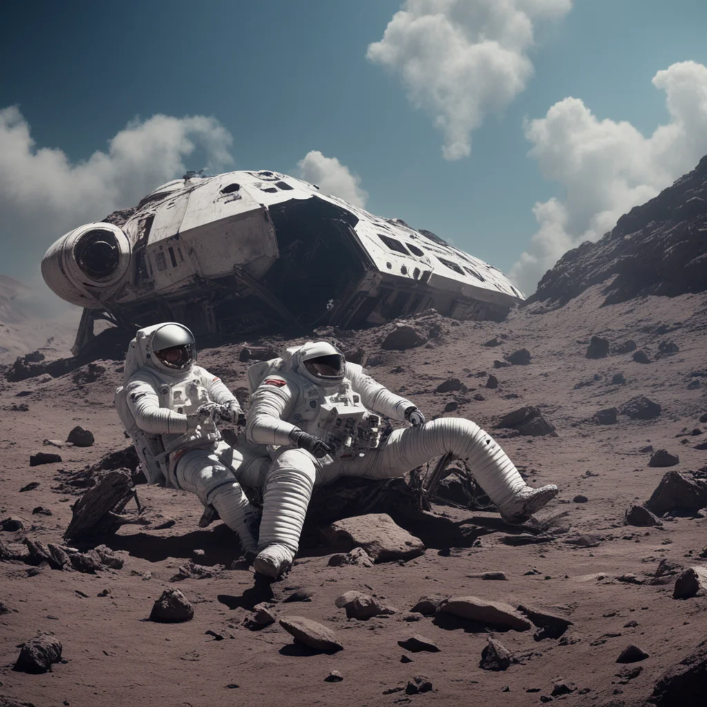 astronaut sitting near a crashed spaceship dead bodies in rocky planet Ridley Scott smoke cold cinematic atmospheric hor
