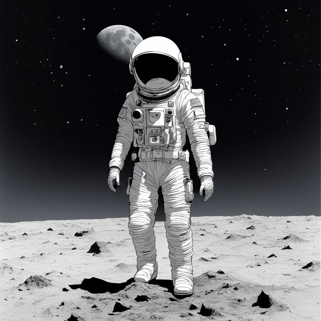 astronaut standing on the moon empty space in the background and helmet on tsutomu nihei
