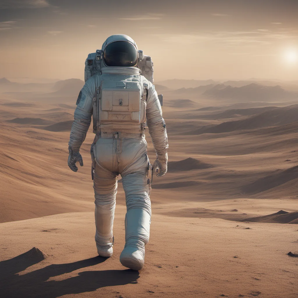 astronaut walking on alien landscape spaceship landed —ar 299