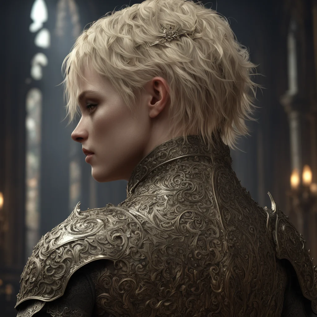 back of charming knight with short blondy hair and fair skin highly detailed and intricate ornate ominous haunting comes