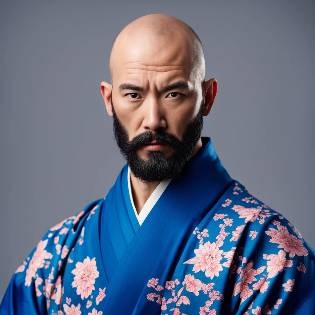 bald bearded samurai in blue kimono