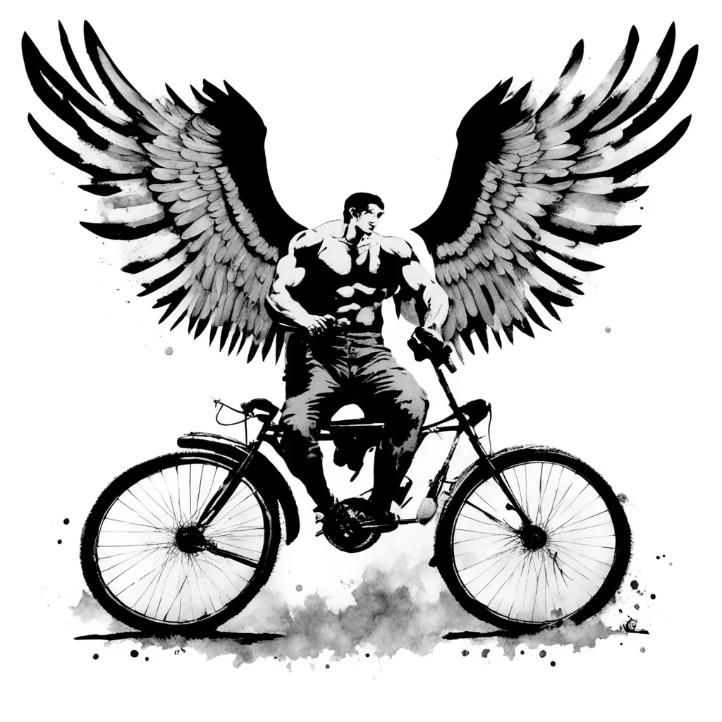 banksy black ink block print on white muscle man with wings riding bicycle