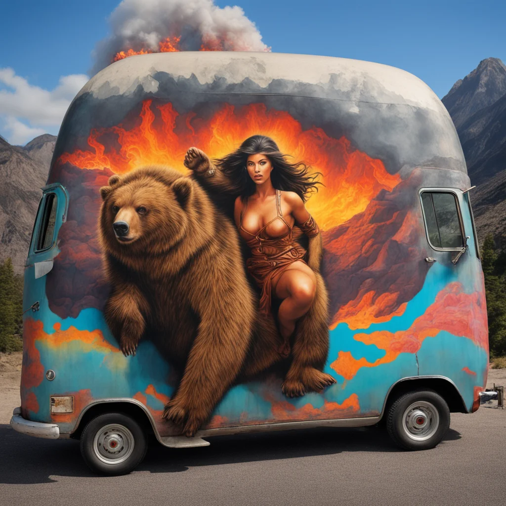 barbarian woman riding a bear inside a volcano airbrushed on the side of a 70s van —ar 31