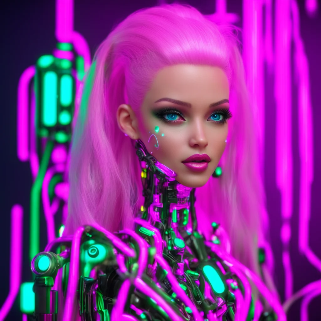 barbie doll bionic cyberpunk trending on art station ultra high detail wires threads pink lots of colors lights photorea