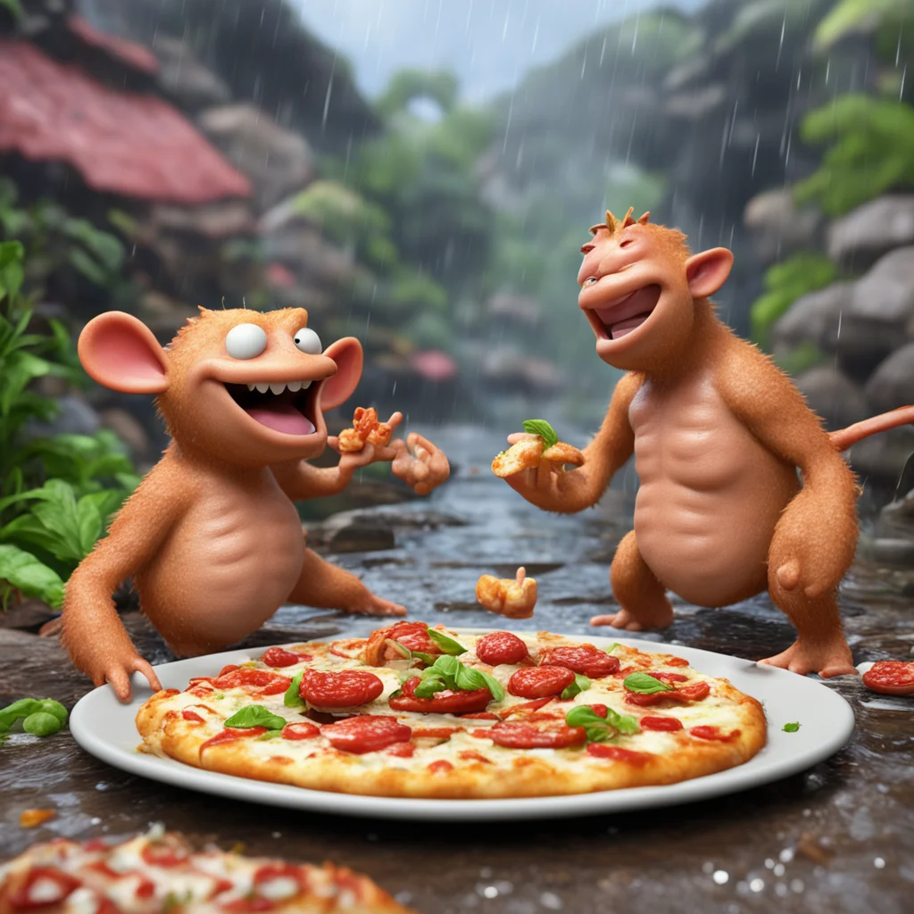 barney rubble and mozart enjoying a pizza hyper detailed unreal engine raining many land crabs