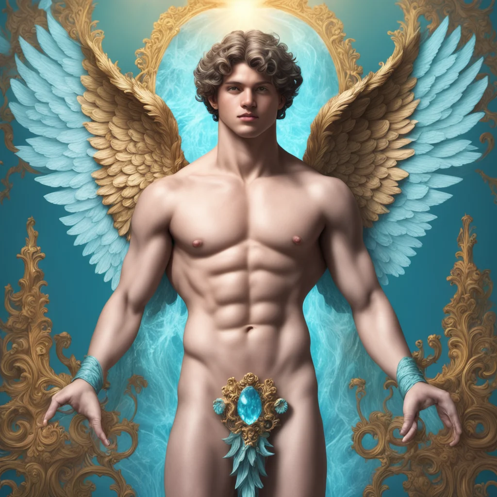 baroque and intricate teen angel god shirtless who rules aquamarine hyperrealistic 8k ornate detailed illustration rendered high quality god rays with 
