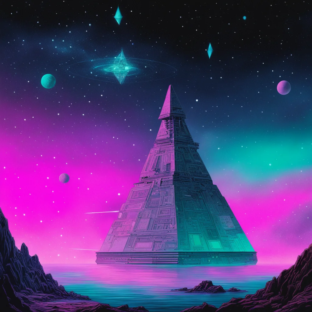 battleship nebula  floating among the stars  tetrahedron  Jack Kirby Moebius matte painting neon pastel color palette aspect 921