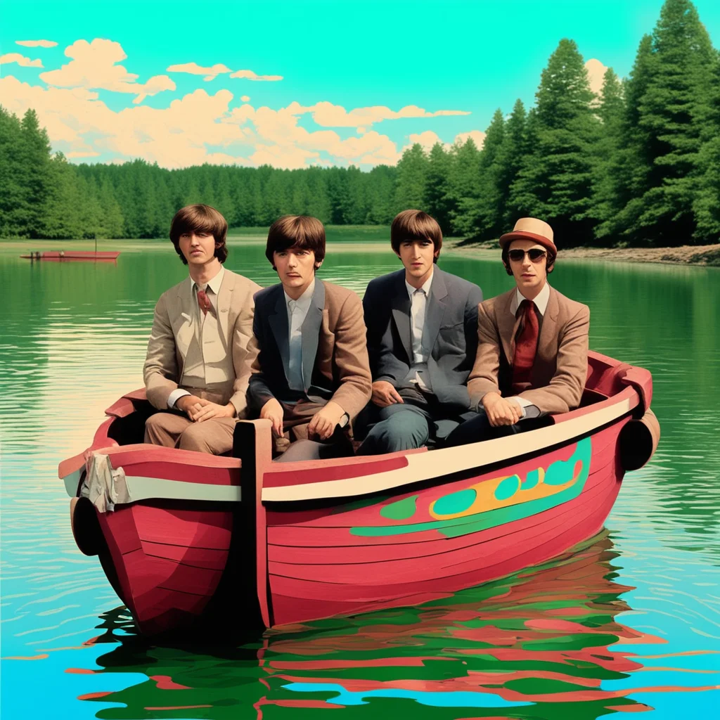 beatles in a criss craft wooden boat on a Ohio lake in style of 50s pop art
