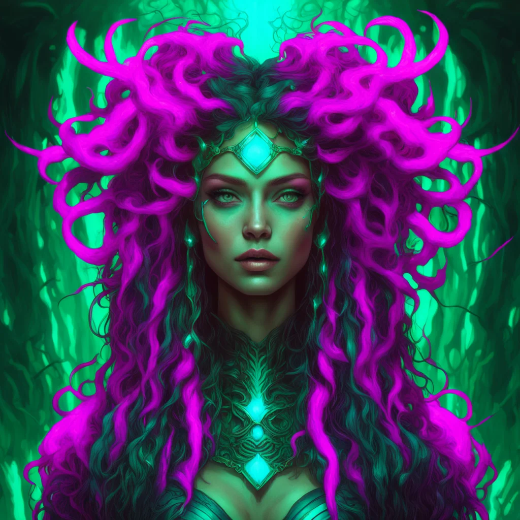 beautiful  a muse of monster medusa  Indigenous queen symmetrical portrait neon pink neon cyan night time matrixlong flo