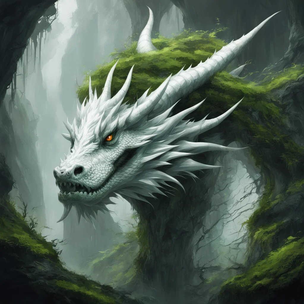 beautiful art depicting head of white dragon with moss beard by Aleksi Briclot and Justin Gerard trending on artstation