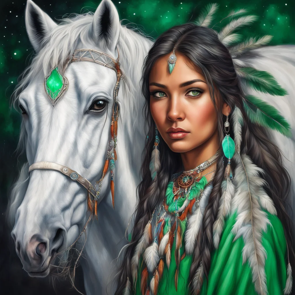beautiful calm native american girl in her 20s with green eyes and green native clothes with feather dream catcher next 