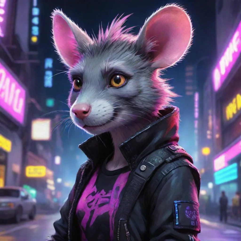 beautiful furry art portrait digital art, vibrant neon commission of a furry anthro rat fursona wearing punk clothes in a cyberpunk city. land