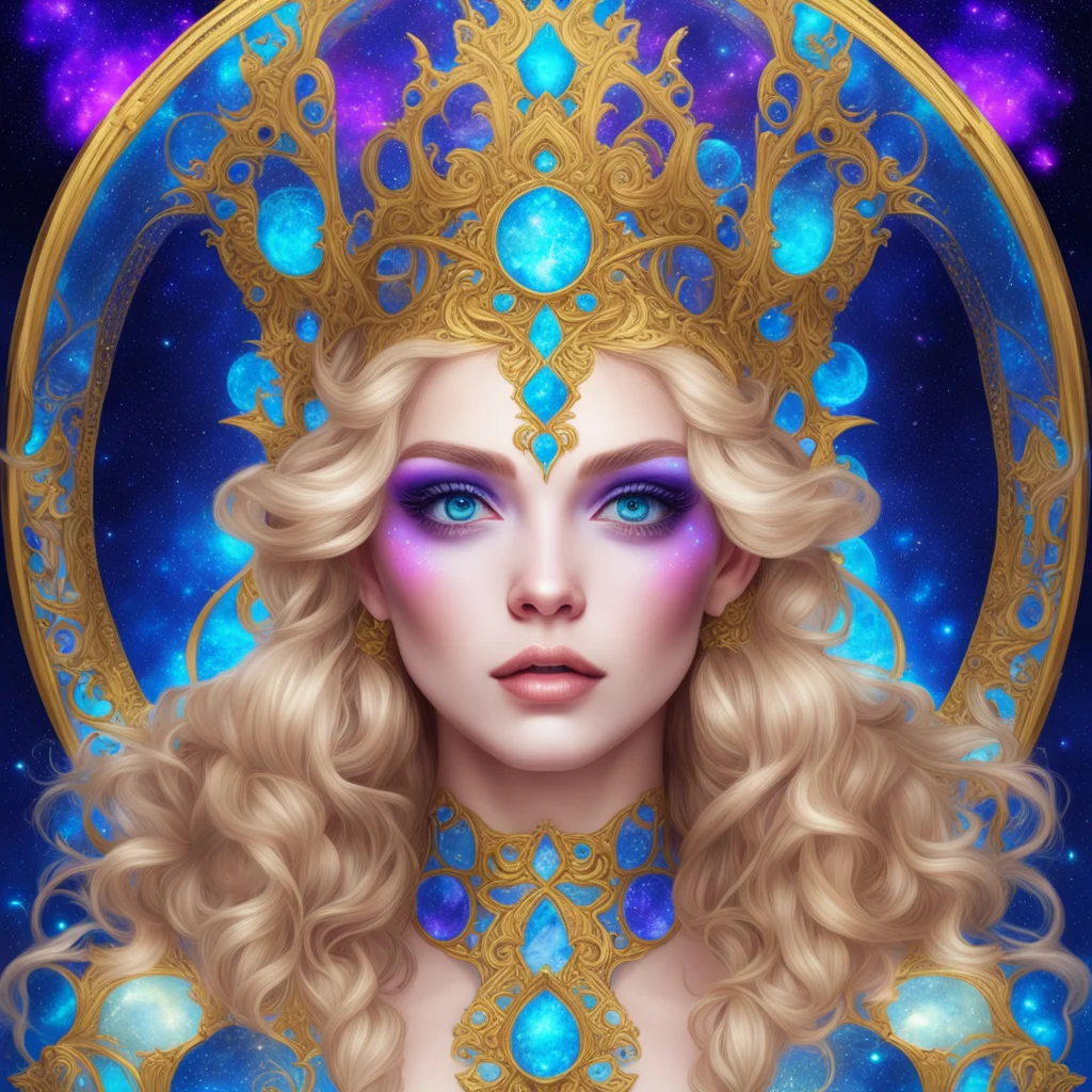 beautiful goddess queen of galaxy symmetrical face symmetrical eyes clean skin artgerm blonde glowing hair portrait vibr