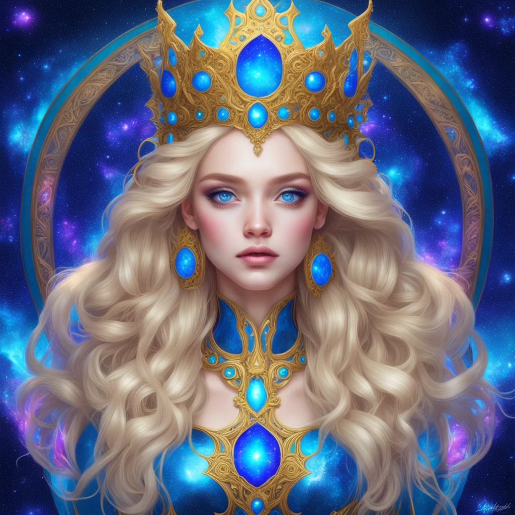 beautiful goddess queen of galaxy symmetrical face symmetrical eyes clean skin full body artgerm blonde glowing hair por