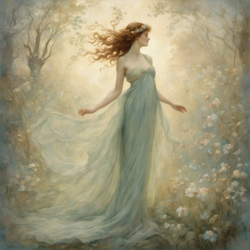 beautiful graceful dryad billowing transparent fabric floral wildflowers silver light highly detailed elegant atmosphere