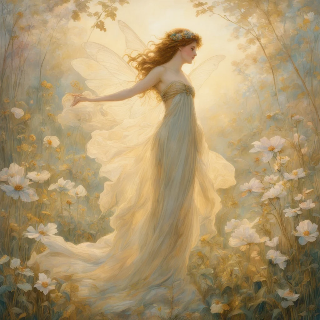 beautiful graceful fairy billowing transparent fabric transluscent wings floral wildflowers gold light highly detailed e