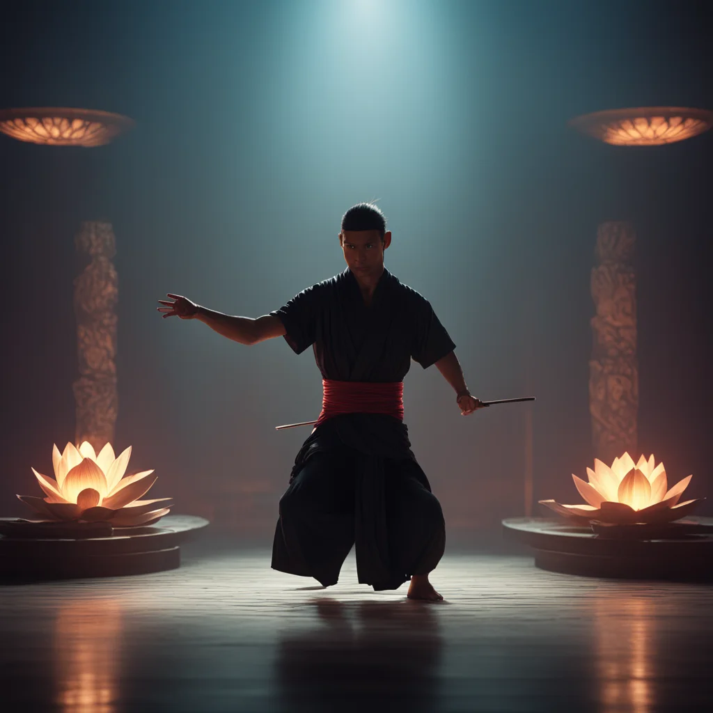 beautiful lotus scene ancient martial artist stance slinky cinematic uplight