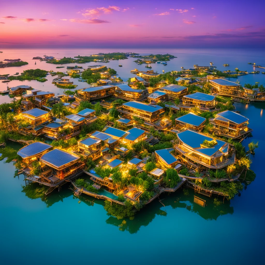 beautiful photograph of a solarpunk floating village at dusk made of multiple islands parks depth of fields by Jean Nouv